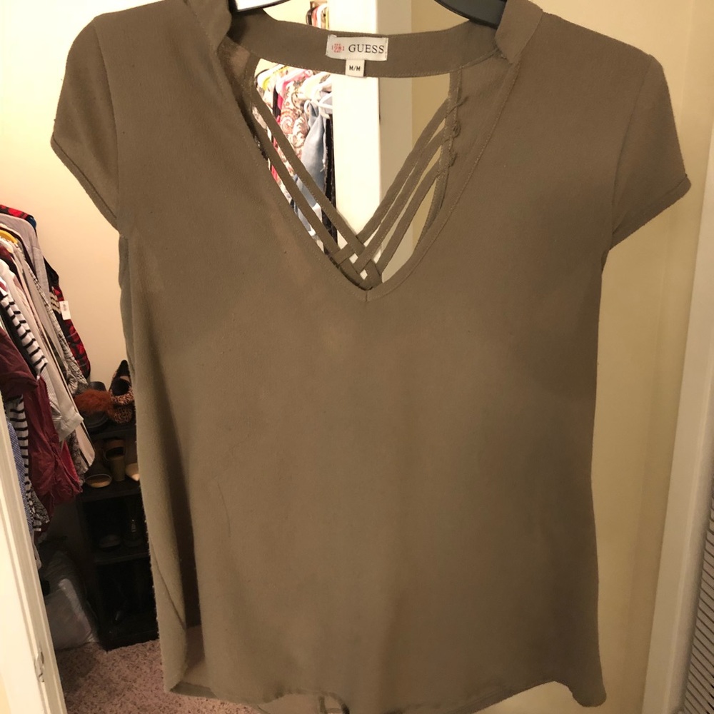 Army green open cross-back blouse